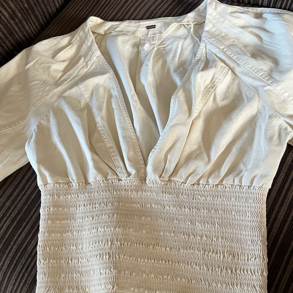 Free People Cropped Ivory Top with Puffy Sleeves & Smocked Bodice
